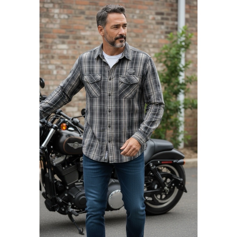 Harley-Davidson Long Sleeve Plaid Grunge Core Biker Moto Streetwear Indie Sleaze